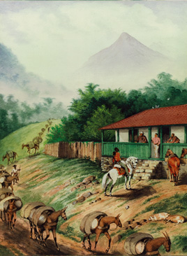 Caravane de mulets passant devant une venda de la province des Mines